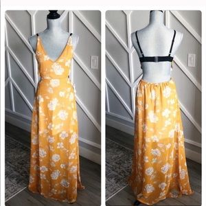 Stone row mustard yellow floral open back maxi dress